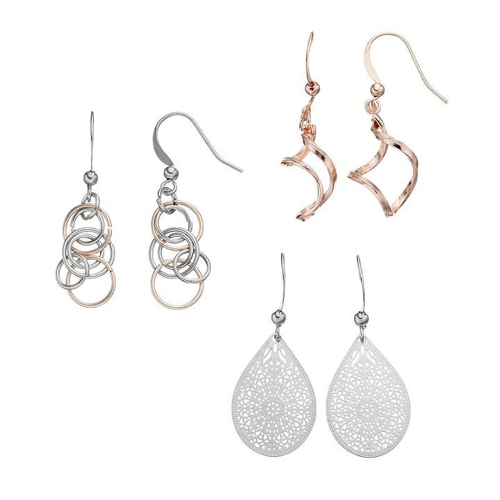 Two Tone Circle Link, Helix & Teardrop Nickel Free Earring Set, Women's, Multicolor