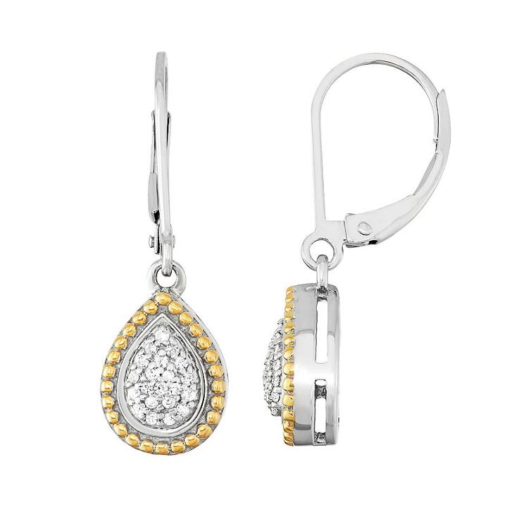 Two Tone Sterling Silver 1/5 Carat T.w. Diamond Teardrop Halo Earrings, Women's, White