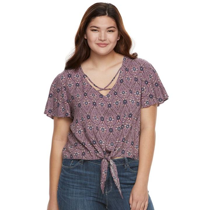 Juniors' Plus Size Mudd&reg; Print Tie-front Top, Girl's, Size: 1xl, Drk Purple