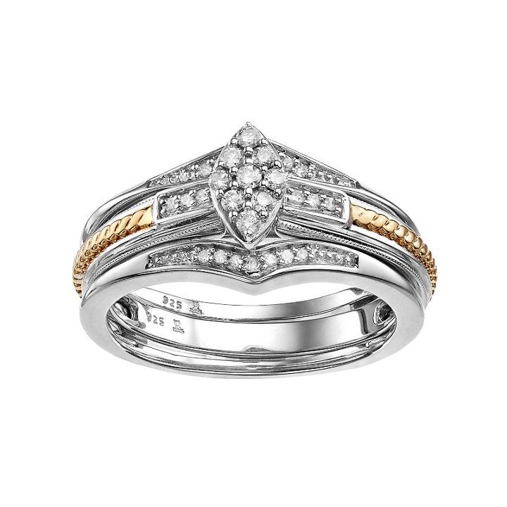 Always Yours Two Tone Sterling Silver 1/5 Carat T.w. Diamond Marquise Engagement Ring & Enhancer Set, Women's, Size: 7