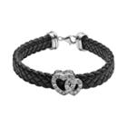 Sterling Silver And Black Leather 1/4-ct. T.w. Diamond Heart Bracelet, Women's, Size: 7, White