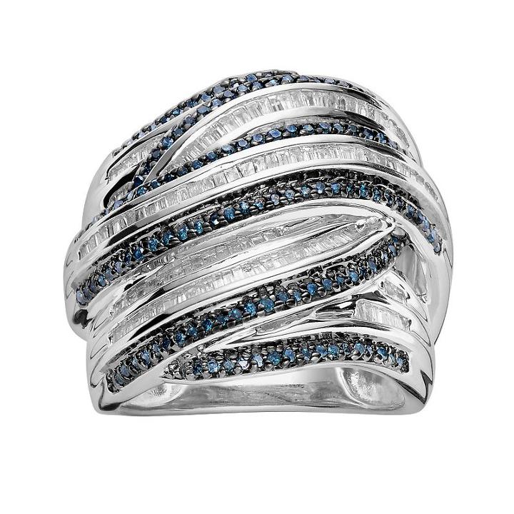 Sterling Silver 1-ct. T.w. Blue And White Diamond Crisscross Ring, Women's, Size: 7