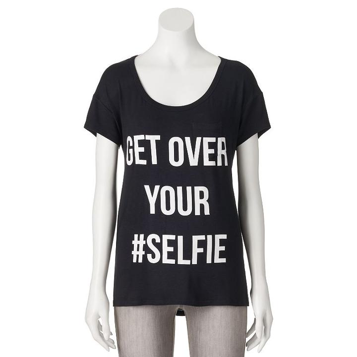 Juniors' Hanging With My Friends Get Over Your Selfie Graphic Tee, Teens, Size: Medium, Black