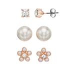 Simulated Pearl & Crystal Nickel Free Flower Stud Earring Set, Women's, Pink