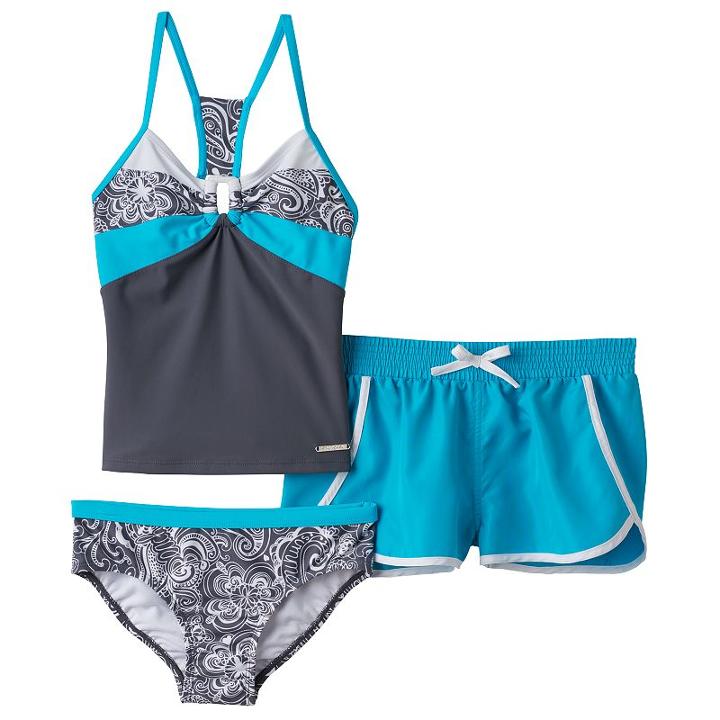 Girls 7-16 Zeroxposur Paisley Swirls Tankini Top, Bottoms & Shorts Swimsuit Set, Girl's, Size: 14, Med Blue