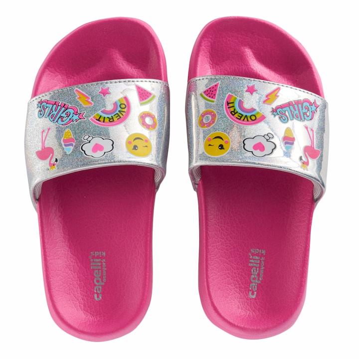 Girls 4-16 Elli By Capelli Sticker Print Holographic Slides, Size: 1/2, Dark Pink