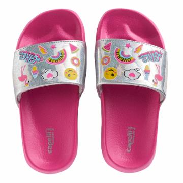 Girls 4-16 Elli By Capelli Sticker Print Holographic Slides, Size: 1/2, Dark Pink