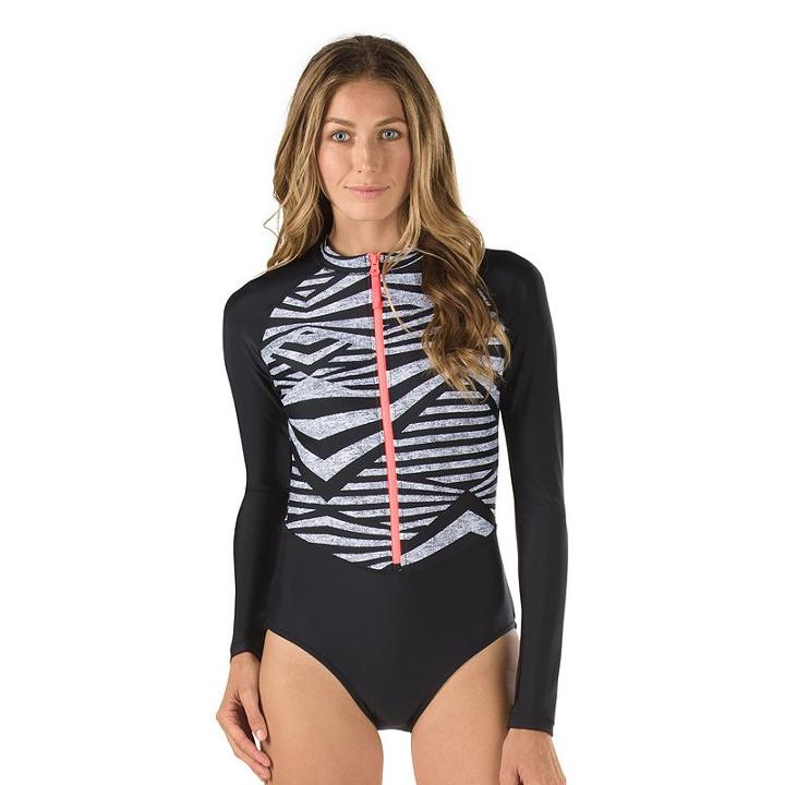 Women's Speedo Striped Long-sleeved One-piece Swimsuit, Size: Medium, Black