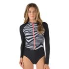 Women's Speedo Striped Long-sleeved One-piece Swimsuit, Size: Medium, Black
