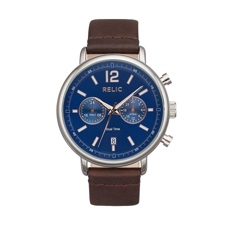 Relic Men's Troy Dual Time Leather Watch, Size: Large, Brown