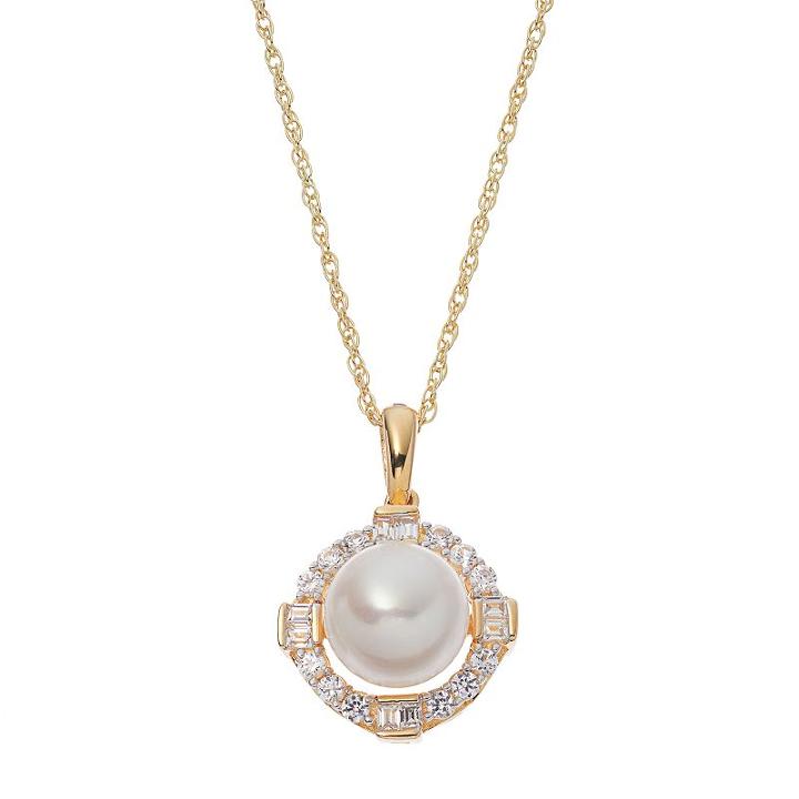 14k Gold Over Silver Freshwater Cultured Pearl & Lab-created White Sapphire Halo Pendant, Women's