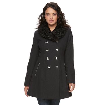Women's Lnr Fashion Styles Wool Blend Faux-fur Collar Peacoat, Size: Xl, Dark Grey