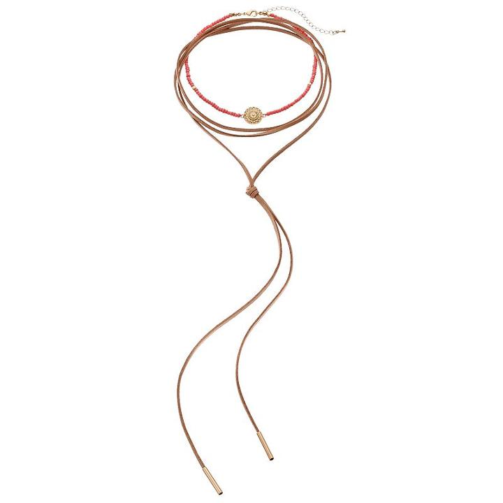 Pink Seed Bead Choker & Faux Suede Lariat Necklace Set, Women's, Brown