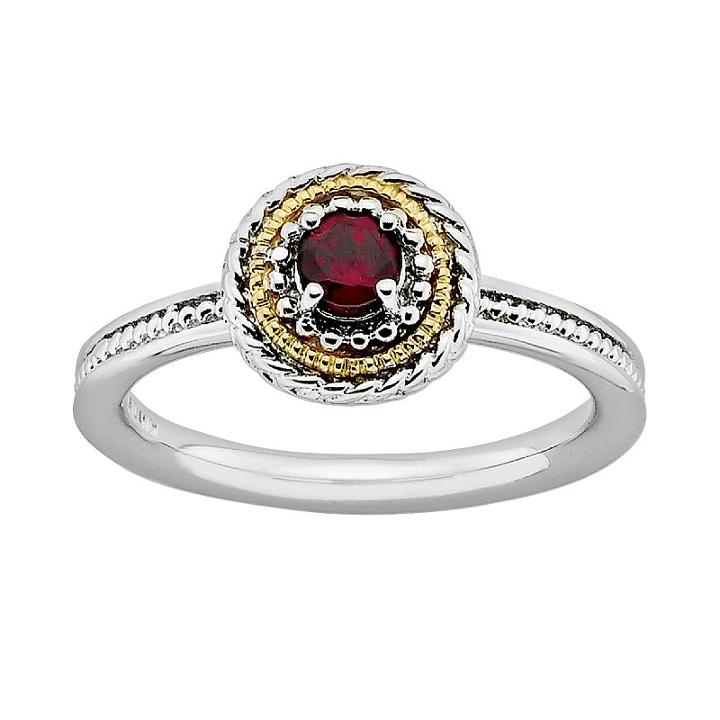 Stacks And Stones 14k Gold And Sterling Silver Garnet Textured Frame Stack Ring, Women's, Size: 8, Red