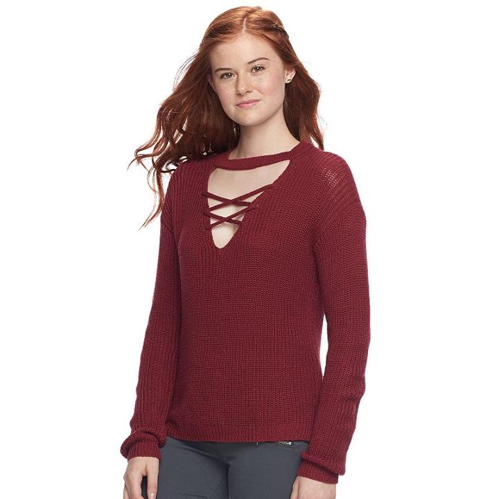 Juniors' Pink Republic Lace-up Choker Neck Sweater, Teens, Size: Large, Dark Brown