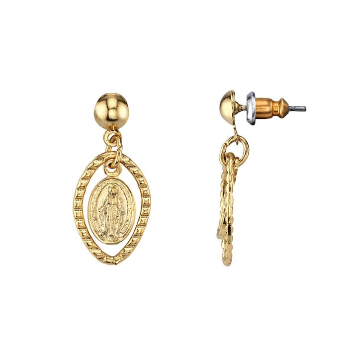 1928 Mother Mary Medallion Drop Earrings, Women's, Yellow