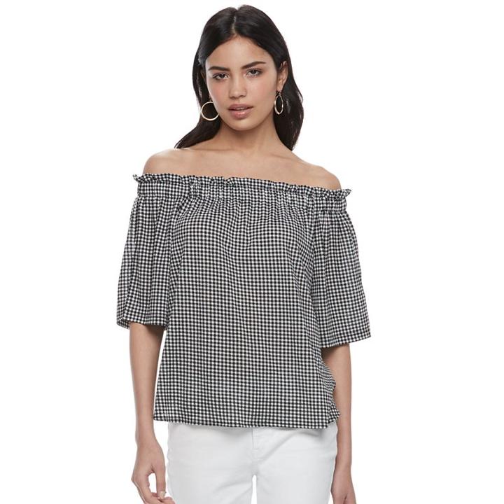Women's Elle&trade; Striped Off-the-shoulder Ruffle Top, Size: Medium, Black