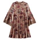 Girls 7-16 My Michelle Rose Pattern Velvet Bell Sleeve Dress, Size: 7, Med Pink