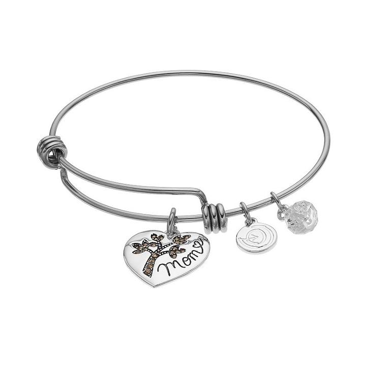 Love This Life Crystal & Marcasite Mom Heart Charm Bangle Bracelet, Women's, Grey