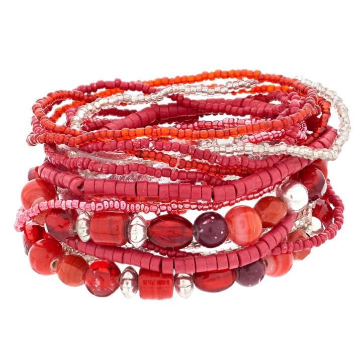 Beaded Red Multi Strand Stretch Bracelet Set, Women's