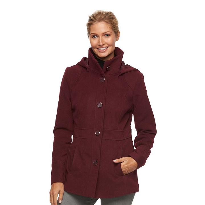 Women's D.e.t.a.i.l.s Hooded Single-breasted Peacoat, Size: Large, Red