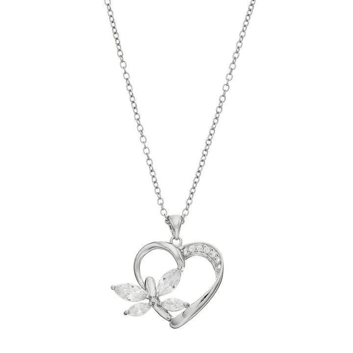 Silver Plated Cubic Zirconia Butterfly Heart Pendant Necklace, Women's, Size: 18, White