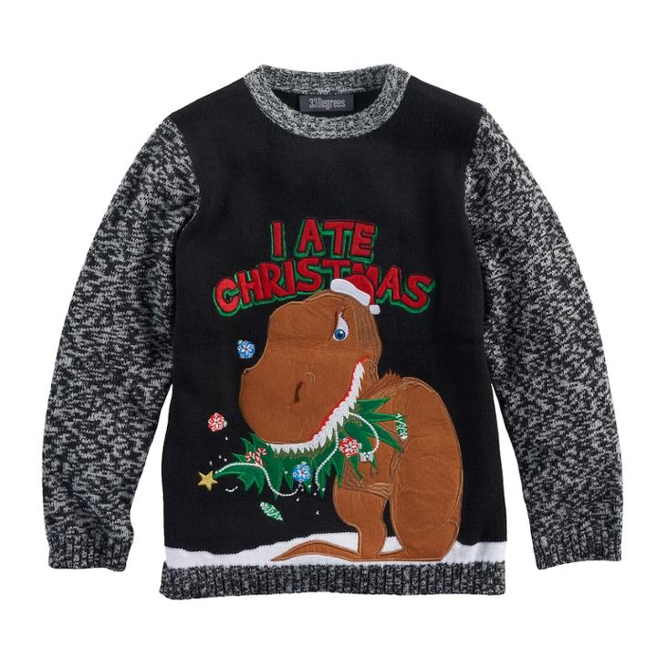 Boys 8-20 T-rex Christmas Sweater, Size: Large, Black White