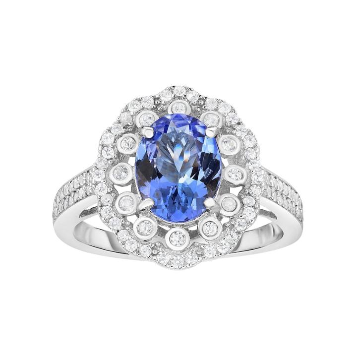 Sterling Silver Tanzanite & White Zircon Oval Halo Ring, Women's, Size: 9, Blue