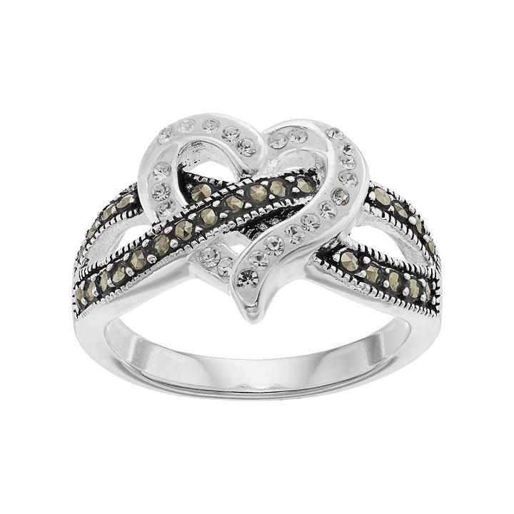 Silver Luxuries Crystal & Marcasite Crisscross Heart Ring, Women's, Size: 8, Grey