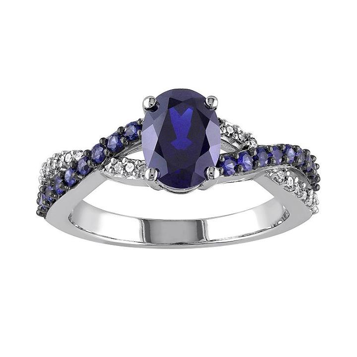 Lab-created Blue Sapphire And 1/10 Carat T.w. Diamond 10k White Gold Crisscross Ring, Women's, Size: 7