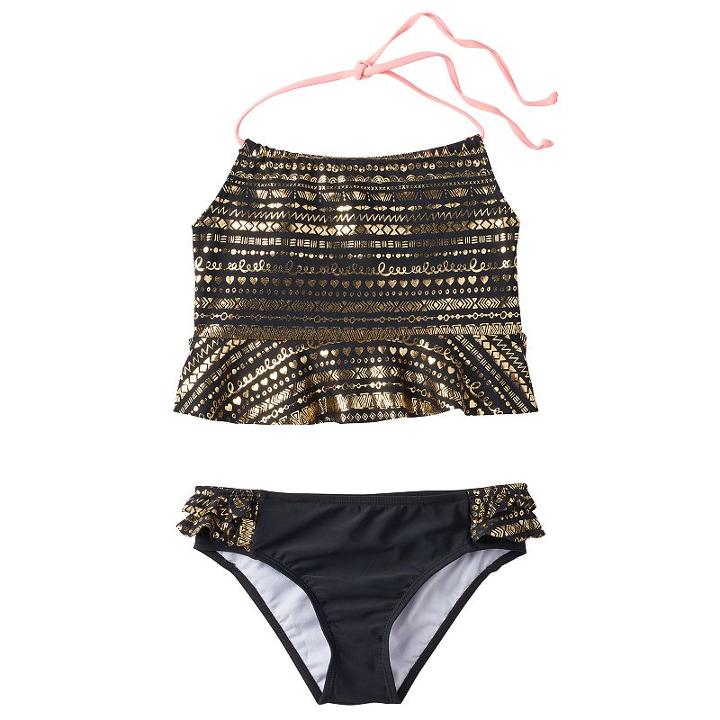 Girls 7-16 Pink Platinum Gold Foil Tankini & Scoop Bottoms Swimsuit Set, Girl's, Size: 10-12, Black