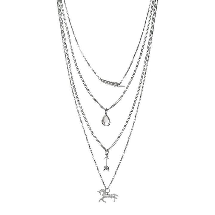 Mudd&reg; Unicorn, Arrow & Feather Charm Layered Necklace, Women's, Silver