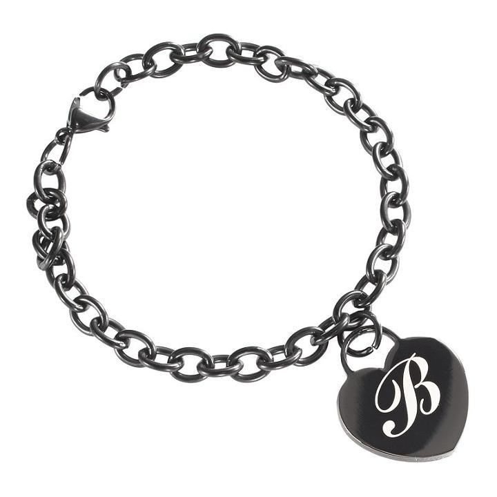 Sweet Sentiments Stainless Steel Black Ion-plated Initial Heart Charm Bracelet, Women's, Size: 7.5