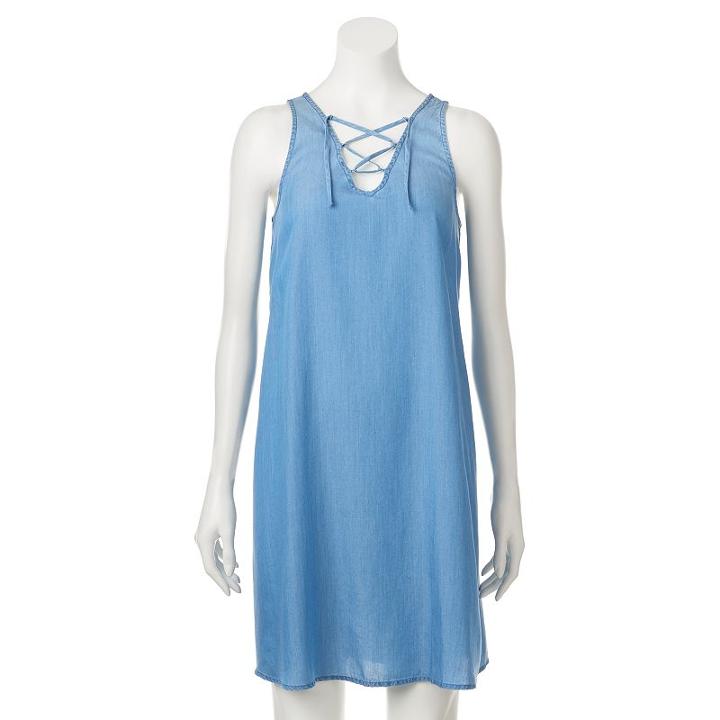 Juniors' So&reg; Chambray Lace-up Shift Dress, Teens, Size: Small, Med Blue