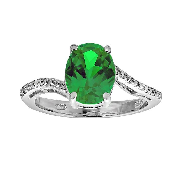 Sterling Silver Lab-created Emerald And Diamond Accent Oval Ring, Women's, Size: 8, Green
