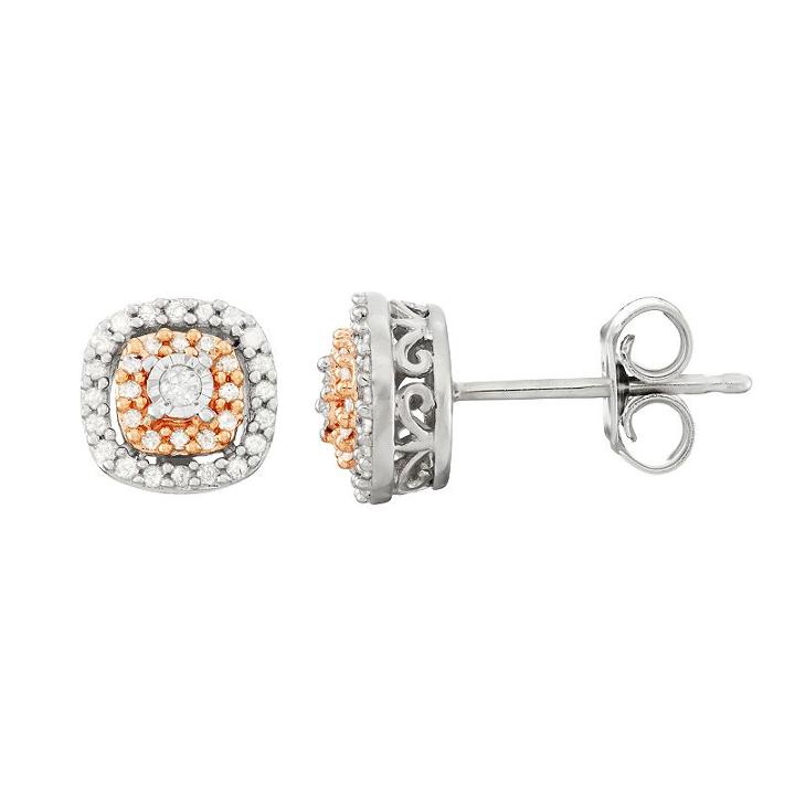 Two Tone Sterling Silver 1/5 Carat T.w. Diamond Square Halo Stud Earrings, Women's, White