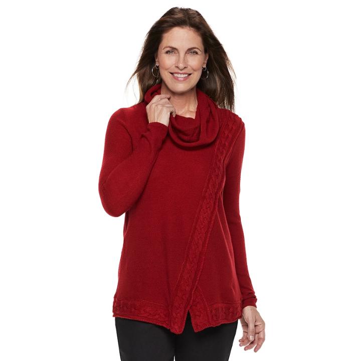Women's Croft & Barrow&reg; Cable-knit Trim Cowlneck Sweater, Size: Small, Red Overfl