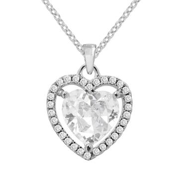 The Silver Lining Cubic Zirconia Silver Tone Halo Heart Pendant, Women's, White