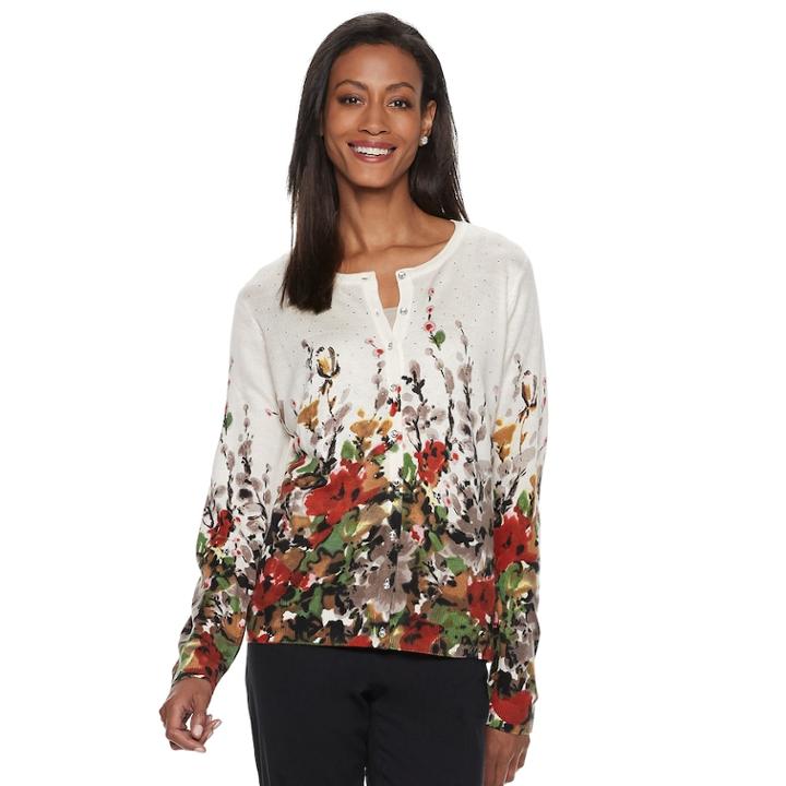 Women's Cathy Daniels Embellished Floral Cardigan Sweater, Size: Medium, Brown