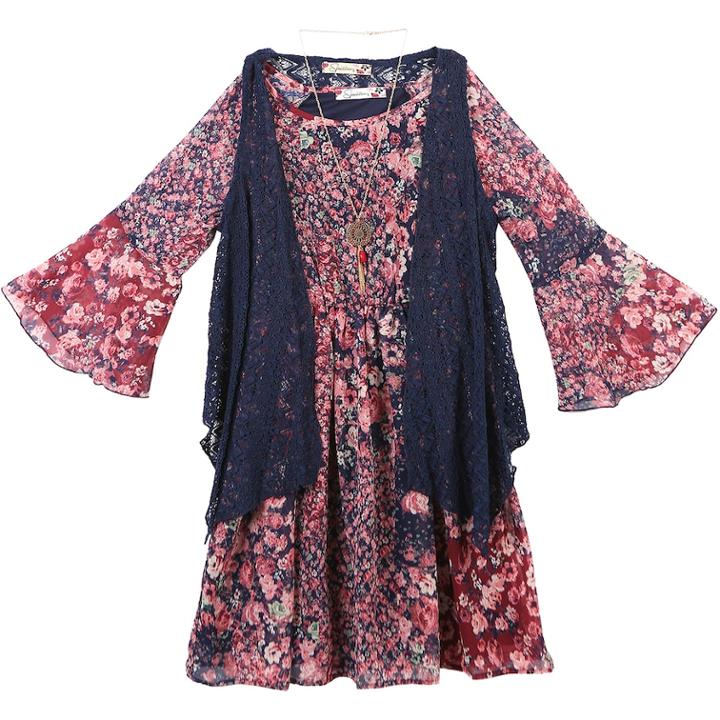 Girls 7-16 & Plus Size Speechless Lace Vest & Printed Bell Sleeve Dress Set With Necklace, Size: 8, Navy Wine