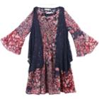 Girls 7-16 & Plus Size Speechless Lace Vest & Printed Bell Sleeve Dress Set With Necklace, Size: 8, Navy Wine