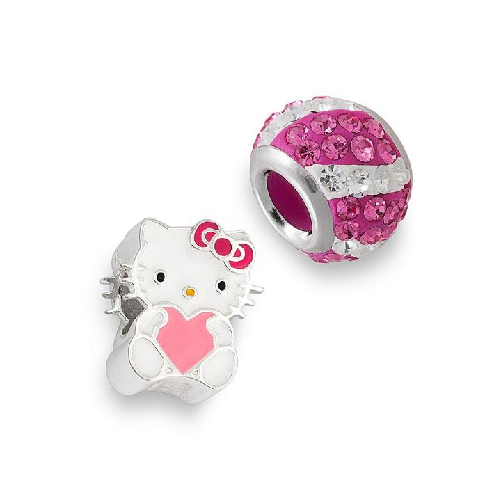 Hello Kitty&reg; Sterling Silver Crystal Striped And Heart Bead Set, Women's, Pink