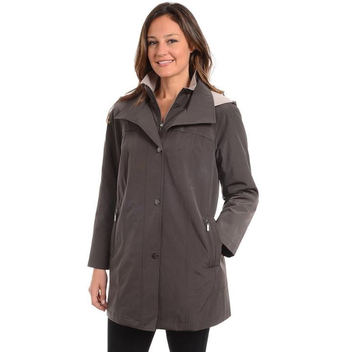 Petite Fleet Street Hooded Faux-silk Stadium Jacket, Women's, Size: Xl Petite, Dark Grey