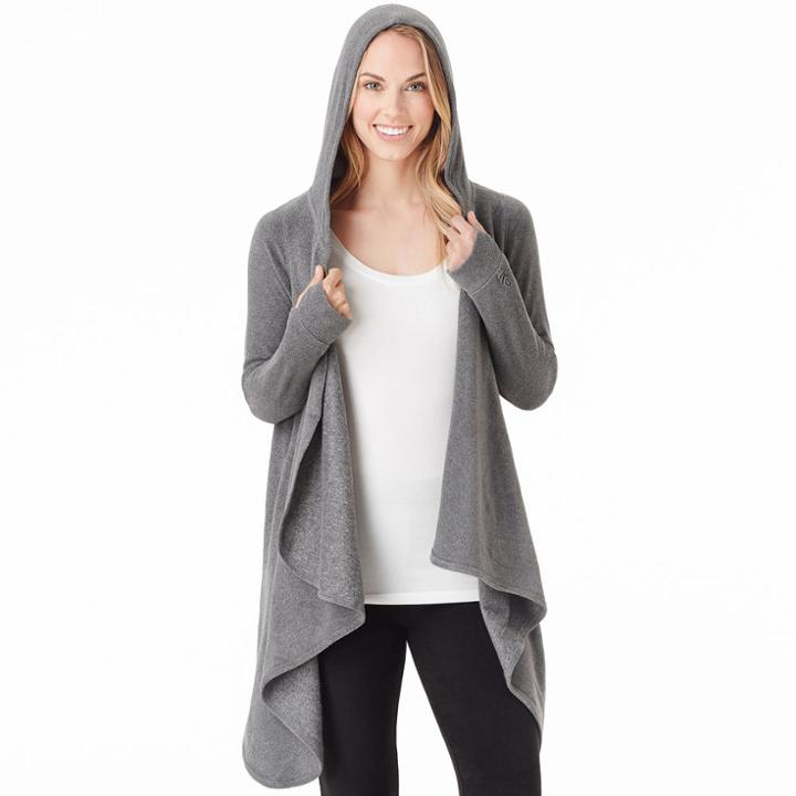Women's Cuddl Duds Fleece Hooded Wrap Cardigan, Size: L-xl, Grey (charcoal)