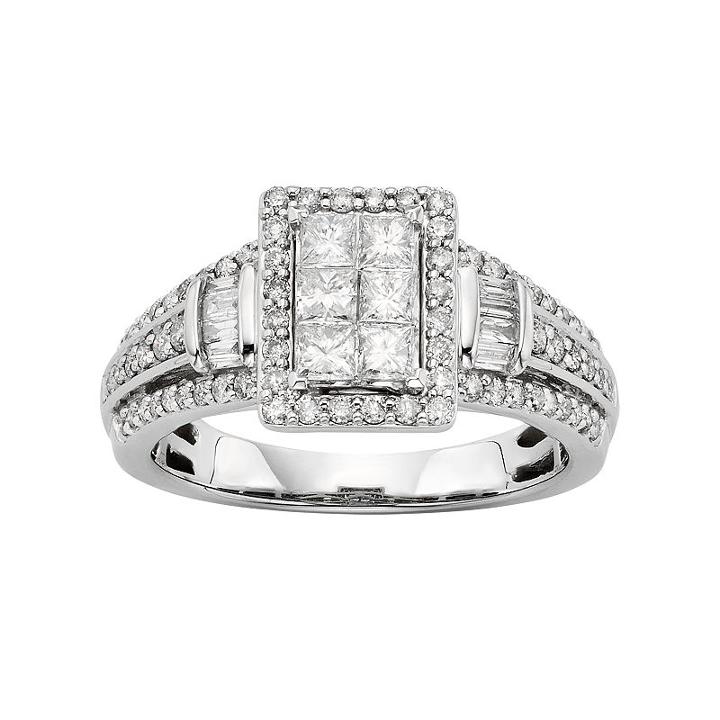 Diamond Tiered Rectangle Halo Engagement Ring In 10k White Gold (1 Carat T.w.), Women's, Size: 6.50