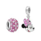Disney Minnie Mouse Sterling Silver Crystal Bead And Charm Set, Women's, Pink