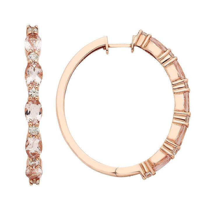 14k Rose Gold Over Silver Morganite & White Zircon Hoop Earrings, Women's, Pink