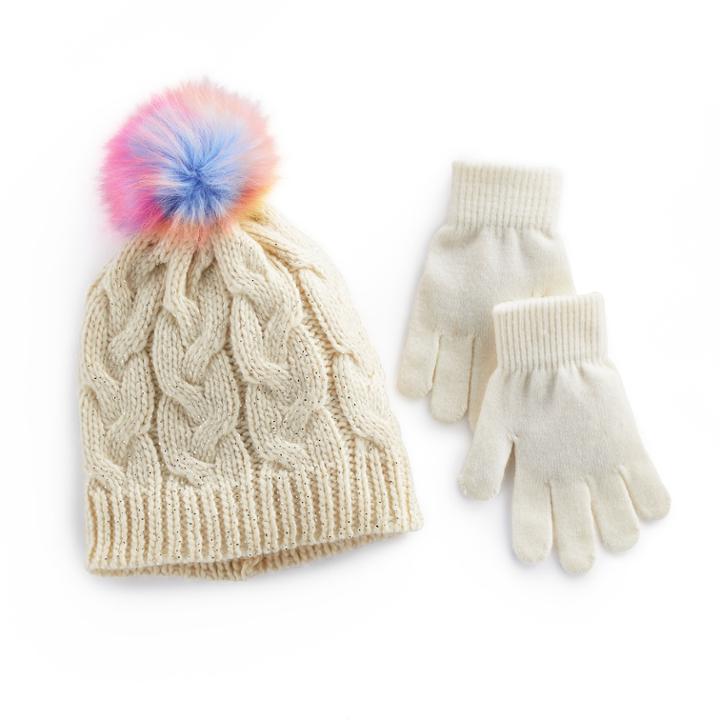 Girls 4-16 So&reg; Metallic Cable Knit Hat With Rainbow Faux-fur Pom-pom Top & Gloves Set, Size: Small, White