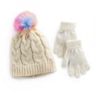 Girls 4-16 So&reg; Metallic Cable Knit Hat With Rainbow Faux-fur Pom-pom Top & Gloves Set, Size: Small, White