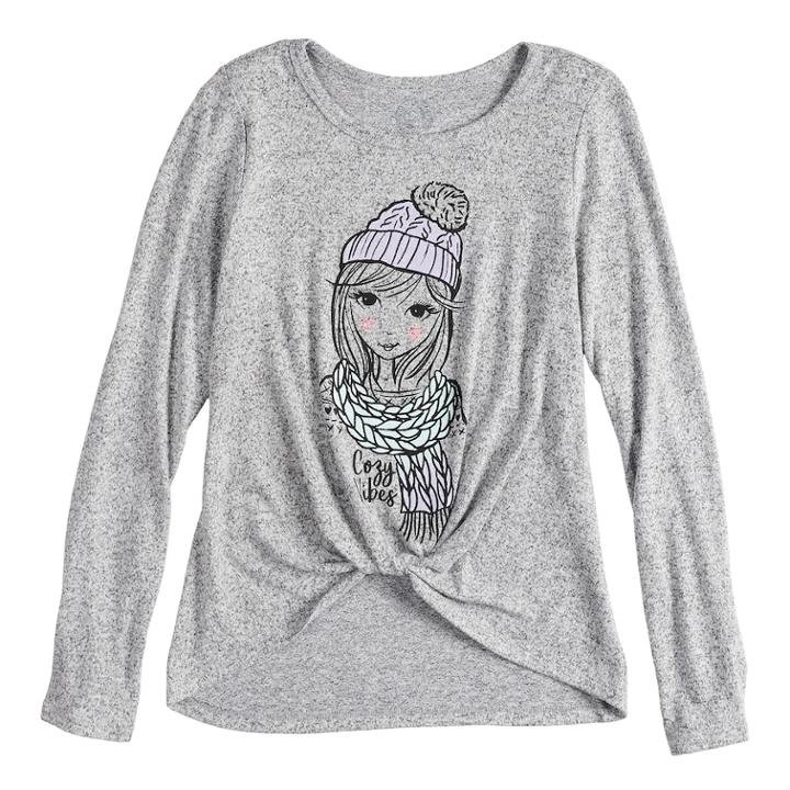 Girls 7-16 & Plus Size So&reg; Cozy Front Knot Long Sleeve Graphic Tee, Size: 12, Med Grey